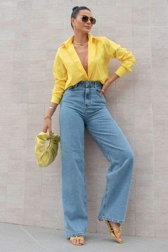 yellow shirt with wide-leg pants and yellow heels